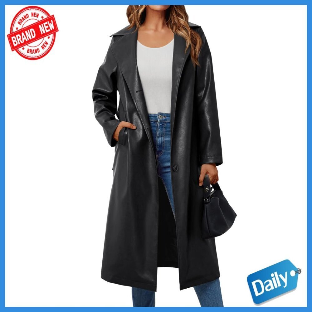 Faux Leather Trench Coat with Belt, Long Lapel, Open Front, Classic Fit